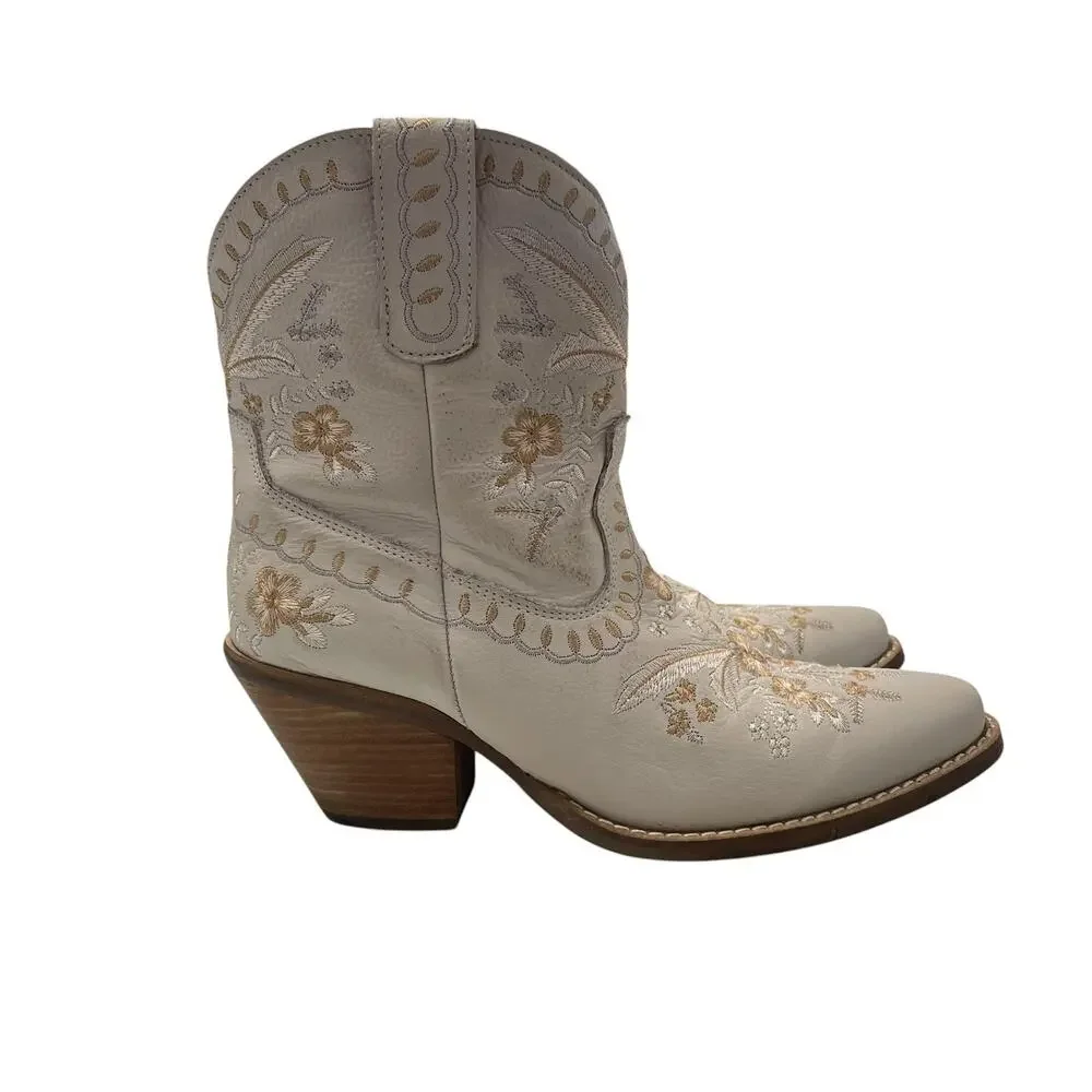 Dingo Primrose Western Bootie White Leather Floral Embroidered Womens Size 8